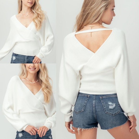 NEW White Wrap V Neck Dolman Sleeves Cozy Sweater - Picture 10 of 12